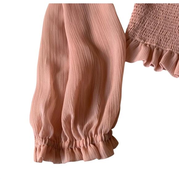 Chelsea & Violet Blush Smocked Textured Top, Feminine Ruffles Sheer Long Sleeves - Picture 6 of 8